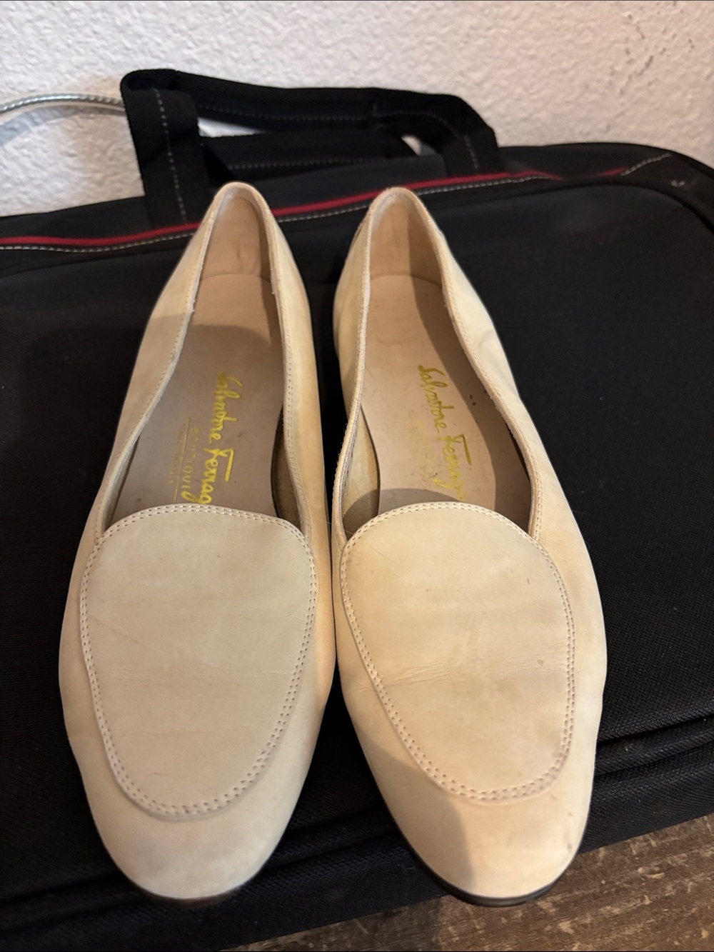Salvatore Ferragamo Cream Suede Slip-On Loafers